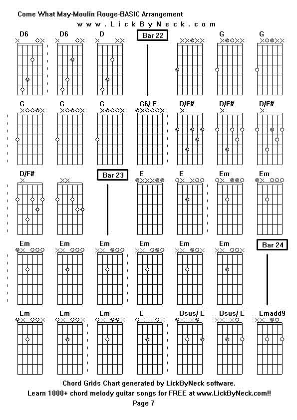 Chord Grids Chart of chord melody fingerstyle guitar song-Come What May-Moulin Rouge-BASIC Arrangement,generated by LickByNeck software.